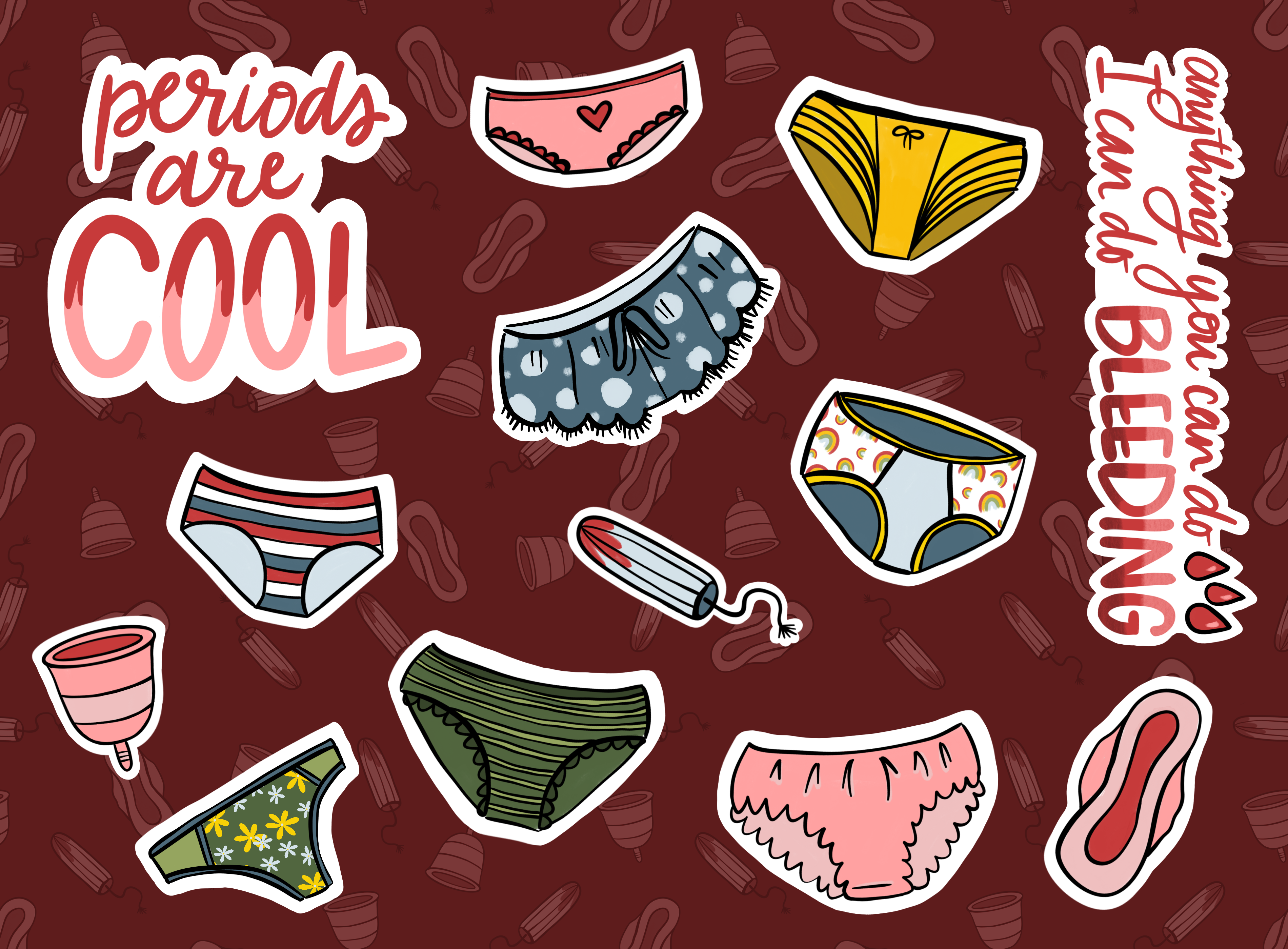 Illustration of sticker sheet of underpants and positive messages about periods